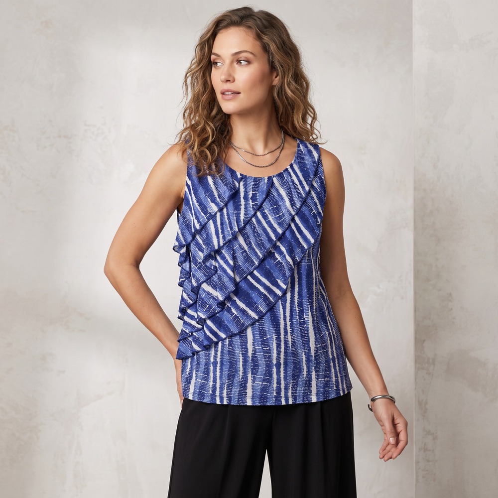 Rafaella Shabby Chic Ruffle Top Blue White Shibori Tie Dye Tank Y2K Mesh L